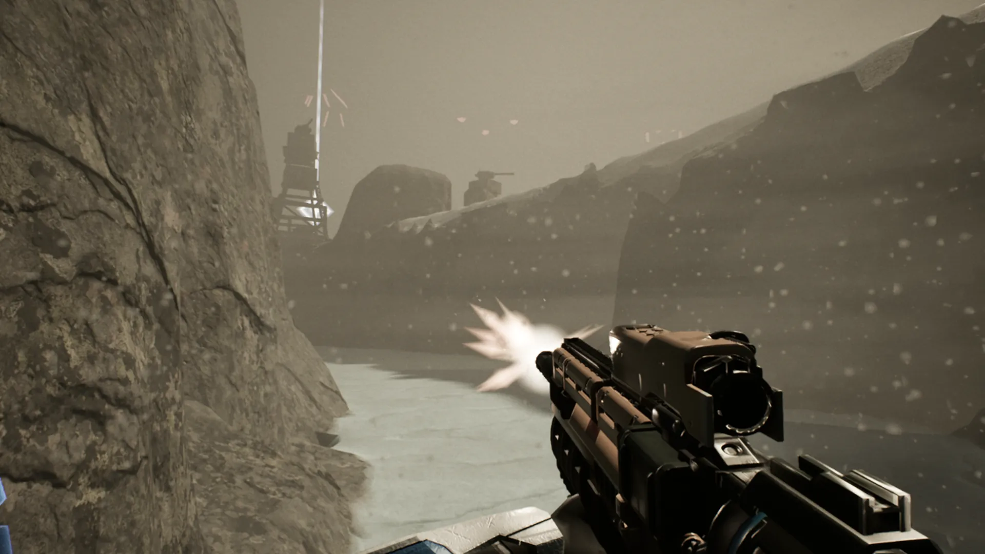 Rifle fire down a snowy canyon in a blizzard, a post's beacon beyond