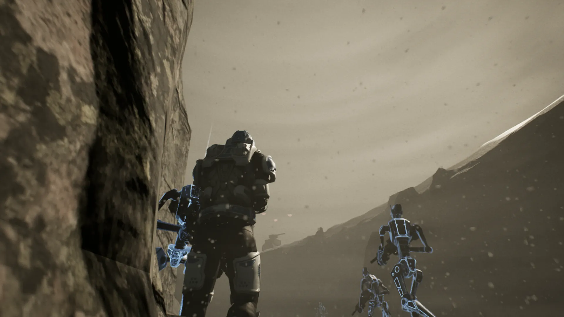 The player and their squad droids moving up a snowy canyon