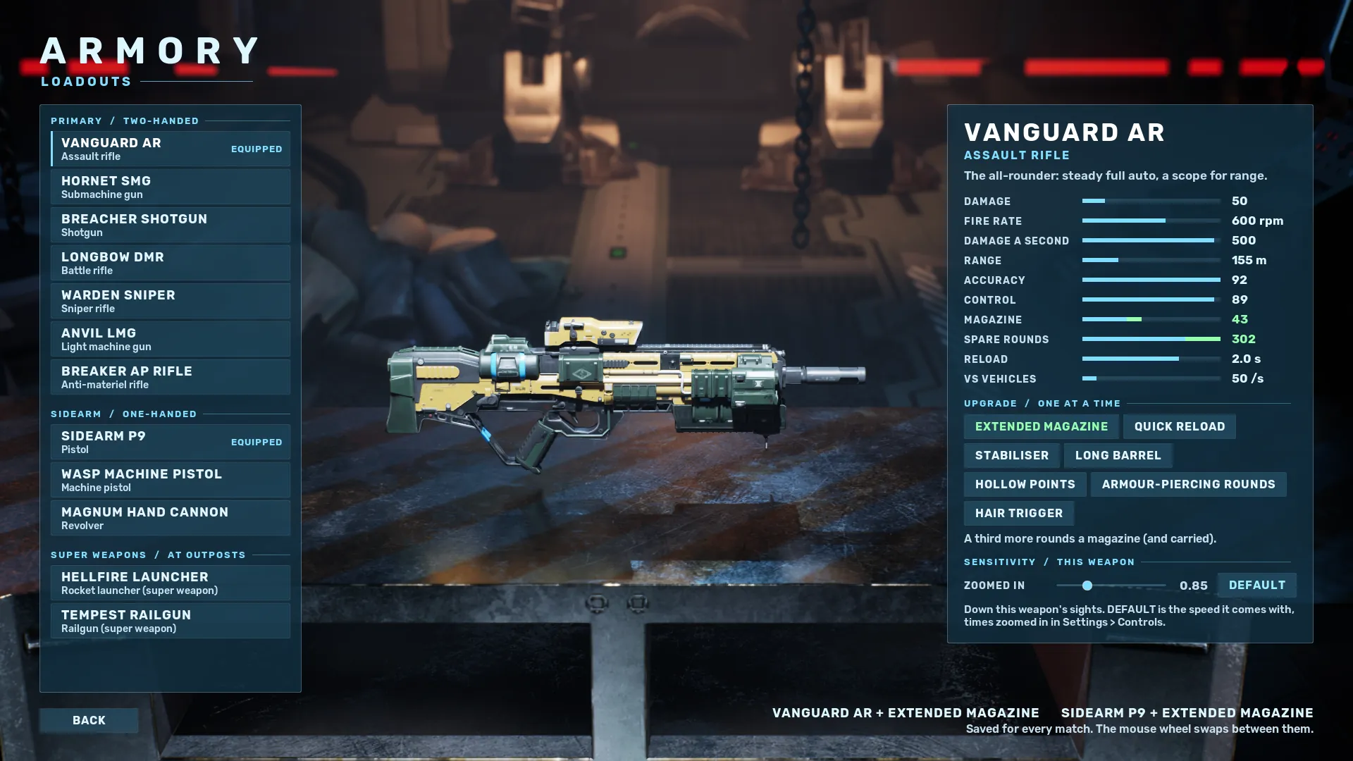 The armory: the Vanguard assault rifle on its rack with its stats and upgrades