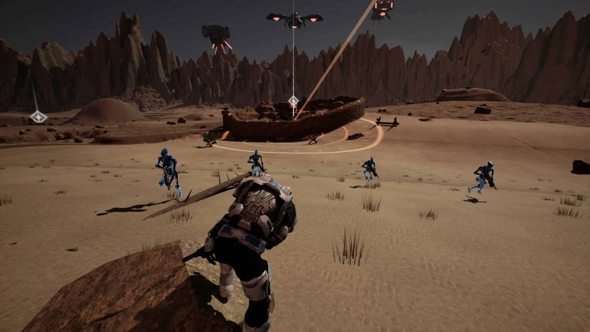 Droids running across the sand toward a post marked for an orbital strike