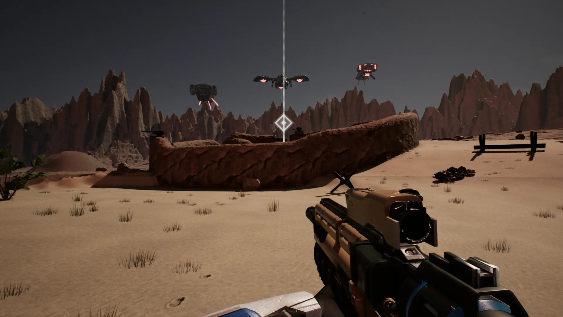 A walled post in the desert under red rock spires, dropships hovering over it