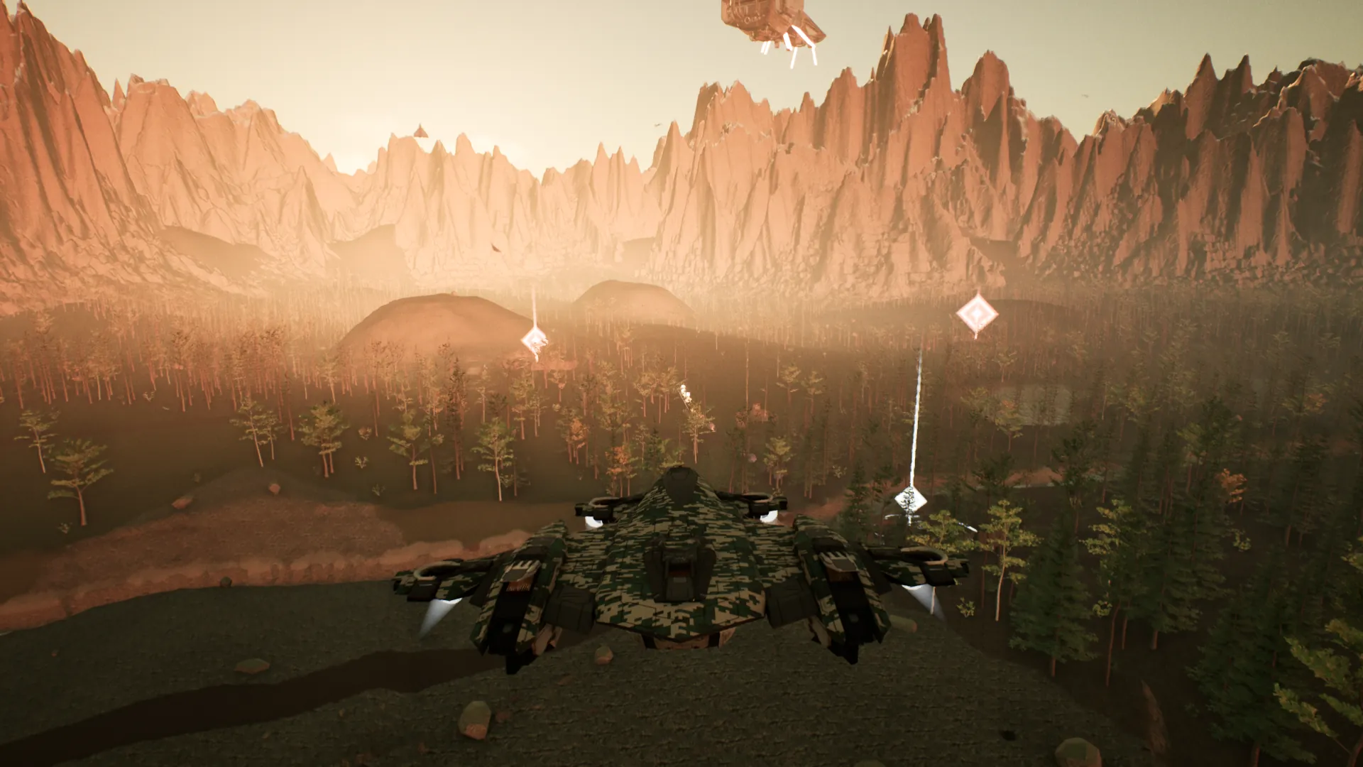 A camouflaged gunship flying low over a forest at dusk toward jagged peaks