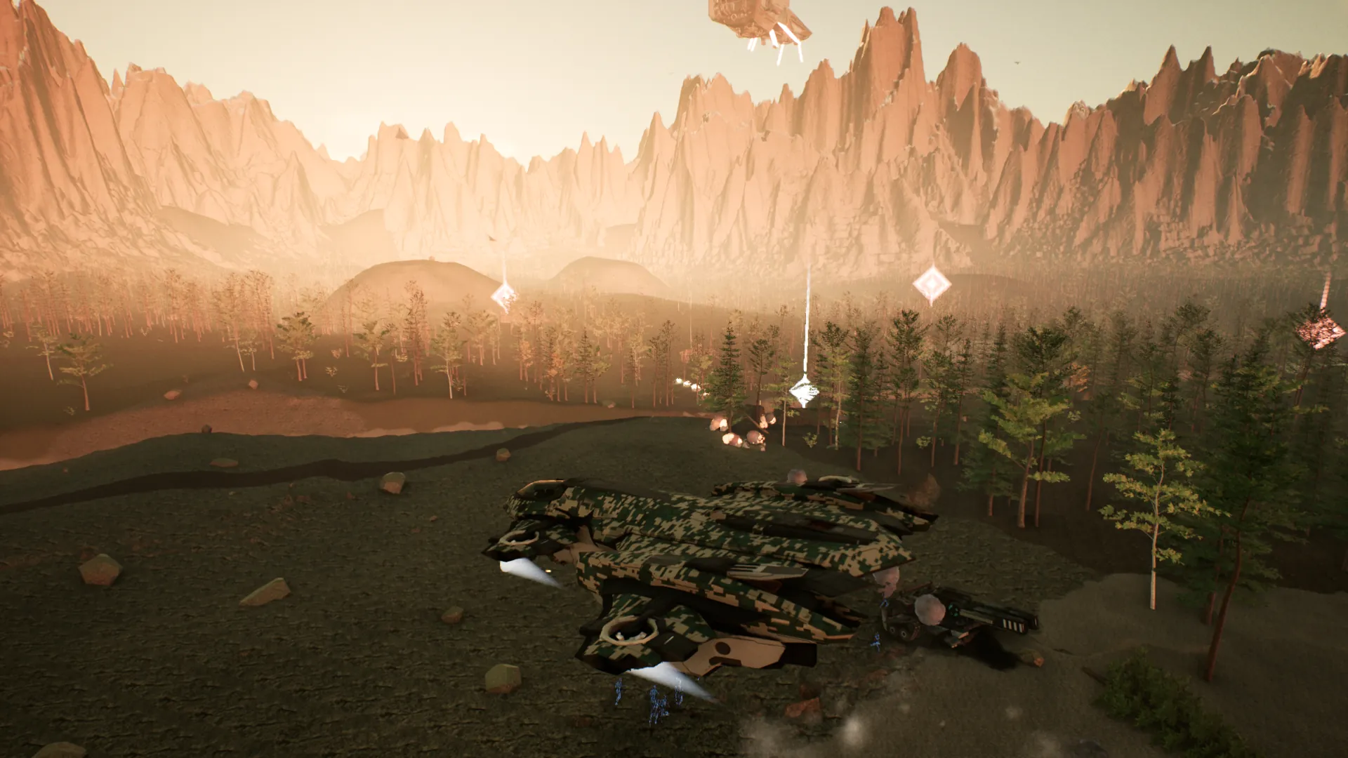 The gunship climbing away from the forest floor