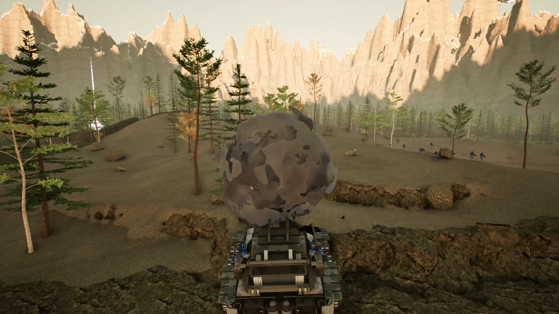 Smoke rising from the tank's hit on a forest post