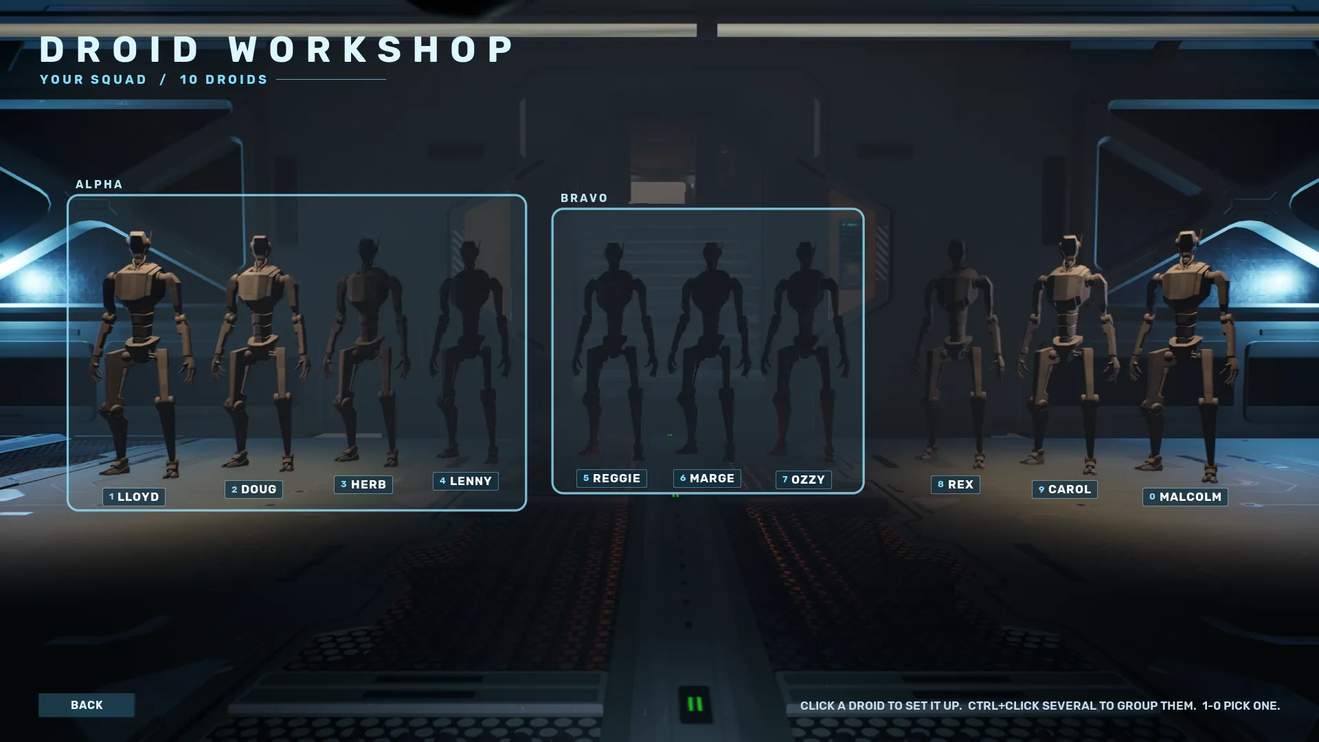 The Droid Workshop: the squad standing in fire teams, framed by group